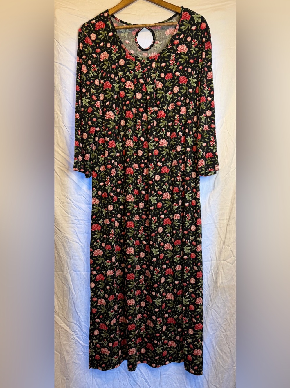 NorthStyle Black Floral Dress with Pink Flowers and Green Leaves